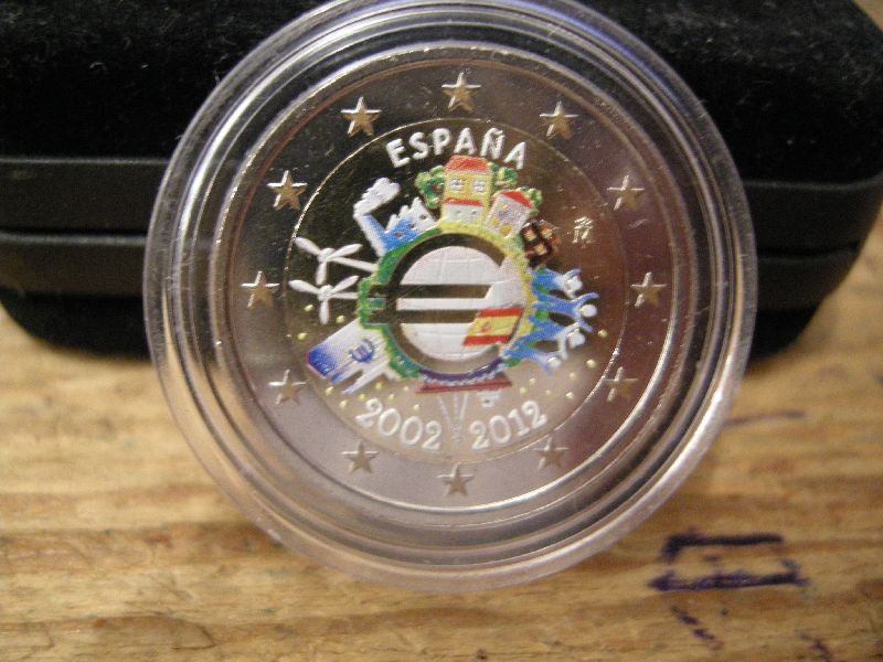 (afbeelding voor) 2 Euromunt Spanje 2012 Tien jaar euro UNC in KLEUR